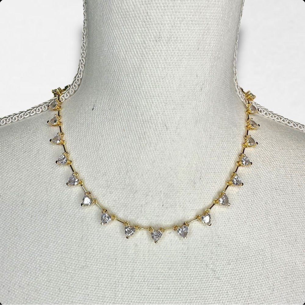 NEW Yellow Gold-Plated Clear Crystal Heart Station Tennis Chain Choker Necklace
